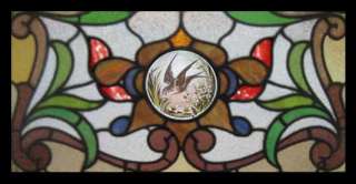 ART NOUVEAU PAINTED BIRD ANTIQUE STAINED GLASS WINDOW  