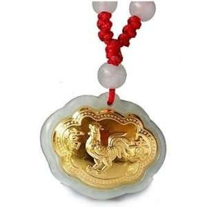 24K Gold Chinese Zodiac Rooster Genuine Jadeite Jade Pendant Necklace 