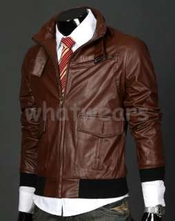 Mens Slim Zip Stand Up Collar Leather Jacket Coat Z00  