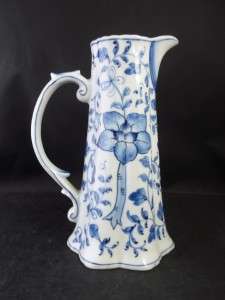 Andrea by Sadek White Blue Flowers Leaves Pitcher 8 Inches Tall  