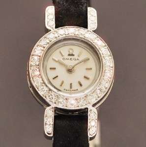   OMEGA 18K SOLID WHITE GOLD DIAMONDS MANUAL BACK WIND LADIES WATCH