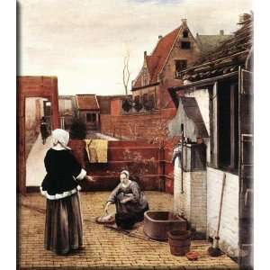   and Maid in a Courtyard 14x16 Streched Canvas Art by Hooch, Pieter de
