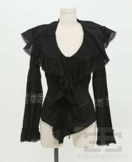 Anne Fontaine Black Sheer Cotton & Lace Trim Ruffle Blouse Size 36 