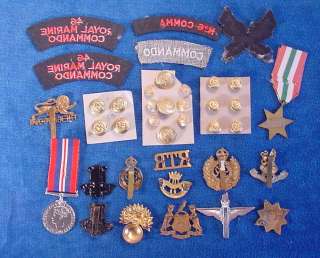 LARGE GROUP OF BRITISH REGIMENTAL BADGES TITLE PATCHES AND MEDAL 
