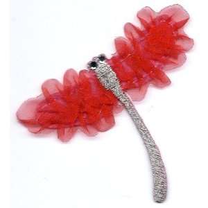   GET 1 OF SAME FREE/Dragonfly, Red Organdy w/Crystals  Iron On Applique