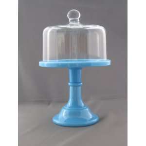    Blue Milk Glass 6 Cake Stand With Domed Lid 