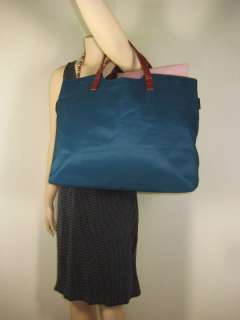 BRONTIBay Paris Aqua Blue Nylon & Leather Large Beach Travel Tote bag 