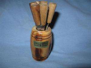 Vintage Israel Olive Wood 6 Appetizer Fork / Toothpick Holder Barrel 
