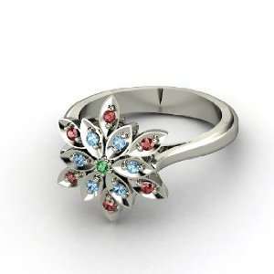  Dahlia Ring, Round Emerald Platinum Ring with Red Garnet & Blue 