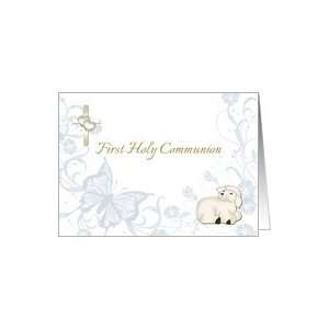  First Holy Communion, Lamb, Cross, Butterfly Blue Floral 