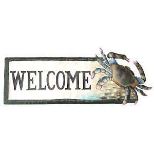  Handpainted Metal Blue Crab Welcome Palque   8 x 20 