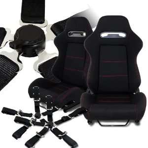 Universal JDM Black Reclinable Racing Seats with Red Stitchings and 
