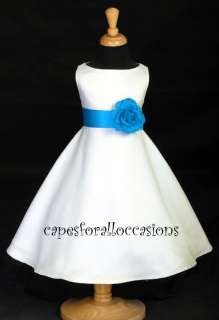 PAGEANT WEDDING FLOWER GIRL DRESS WHITE TURQUOISE BLUE 18M 2 2T 4 5 6 