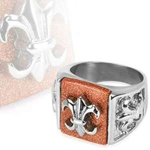 Stainless Steel Le Fleur De Lis Ring with Brown Glitter Center Plate 