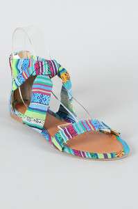 BLUE MULTICOLOR Womens Tribal Print Open Toe Flat Sandals Size 5 to 