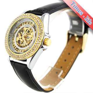 Women Automatic Watch Golden Skeleton Crystal Xmas Gift  