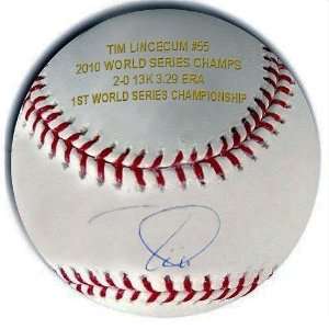  Tim Lincecum Autographed Baseball   World Series Engraved 