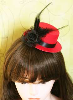 r699 Red Mini Top Hat Fascinator black satin flower lace Moulin Rouge 