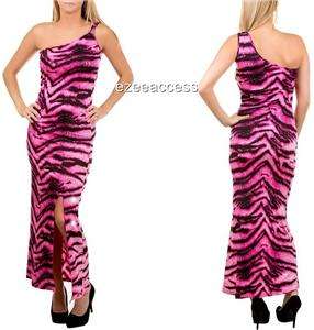 WOMENS ANIMAL PRINT ONE SHOULDER ROCKABILLY PROM LONG MAXI SLIT GOWN 