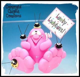 Beckys Polymer Clay   Big Foot Pink Egg w/Ladybugs  