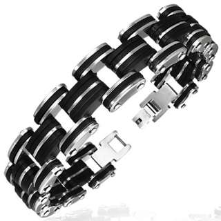 Stainless Steel Two Tone Black and Silver Mens Link Bracelet  