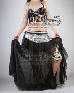 Belly Dance Costume 3Pics Bra Skirt Belt Black  