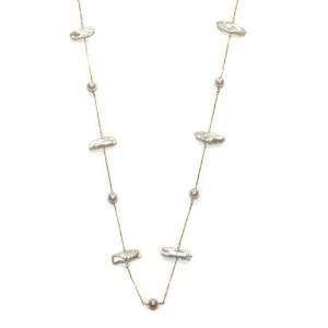  Biwa and Freshwater Pearl Tin Cup Necklace with 14k Gold 