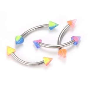  16G ACRYLIC 2 TONE GLOW A+B BENT BARBELL WITH CONES SPIKES 