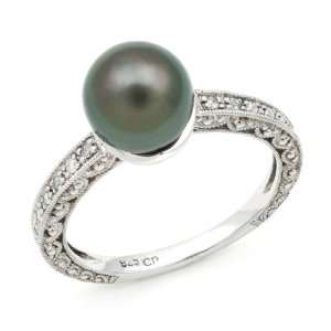   Lace Sterling Silver Ring Band with 8 9mm 3/4 Cut Tahitian Black Pearl
