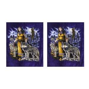 Indian Maiden with Wolves Dark Blue Mink Style Queen Size Blanket Set 