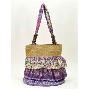  Bohemian Style Woven Straw with Printed Fabric Shoulder 