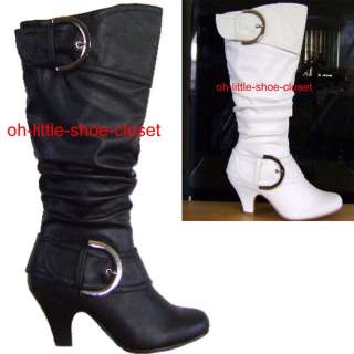 White/Black Mid Calf Walking Heels Boots Size 5   10  
