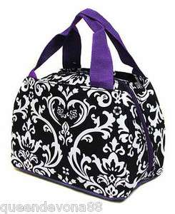 Damask Floral Flower Print Purple Black Mylar Insulated Lunch Bag Tote 