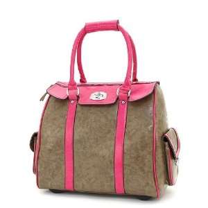  Leather KHAKI PINK Rolling Suitcase Luggage Bag on Wheels Carry Laptop