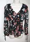 Jade by Melody Tam Silk BLACK Floral Sequined V Neck Peasant Blouse 6