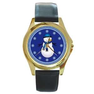 Blue Snowman And Snowflakes Snow Flakes Round Gold Metal Watch New 