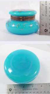   VICTORIAN TURQUOISE FLORAL PAINTED OPALINE GLASS JAR JEWEL BOX  
