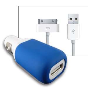  White/Blue USB Car Charger w/ USB cable for iPhone 4S 4 