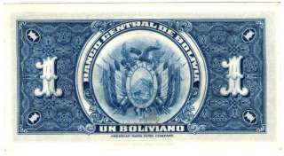 BOLIVIA NOTE 1 BOLIVIANO 1928 UNC  