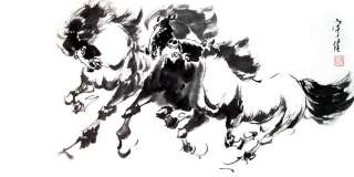 Oriental Asia Chinese ink painting ~3 Galloping Horses~  
