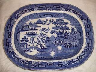 Large Antique 19th Century Swansea Blue & White Meat Plate Willow 