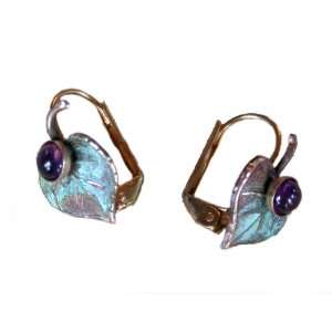  Verdigris Patina Brass Mulberry Leaf Earrings   Amethyst Jewelry