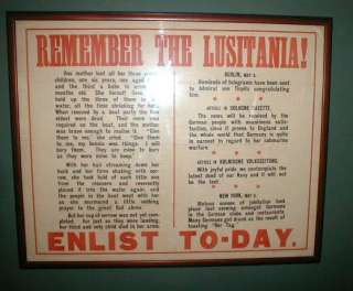  REMEMBER THE LUSITANIA recruiting poster WW I  HUGE w RED HEADLINE