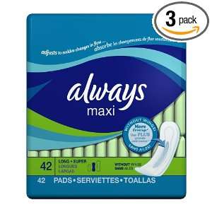 Always Maxi Pads, Long/Super without Wings, 42 count Packages (Pack of 