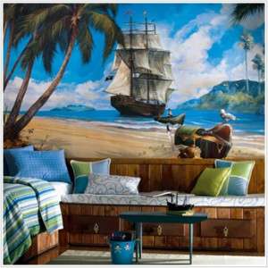 New PIRATE SHIP PREPASTED WALLPAPER MURAL Pirates Room Decor Wall 