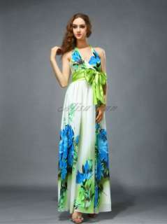 Backless V neck Halter Colorful Floral Printed Bow Formal Gowns 09355 
