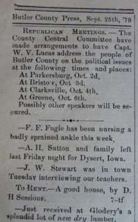 Greene, Butler County, Iowa Newspaper 9 25 1879   Free S&H  