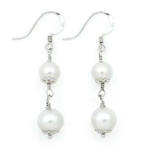   Pearl Dangle Earrings with Sterling Silver Flower Caps and Frenchwires