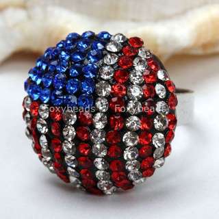 Red&Blue Crystal American Flag Adjustable Ring#6.5 CA06
