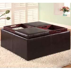   Square Faux Leather Storage Ottoman with Tray Tops